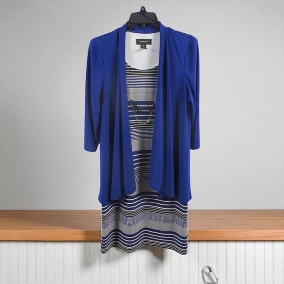 RM Richards Womens Dress Blue Striped Cardigan Sheath Scoop Neck w/Necklace 20W - Picture 1 of 7